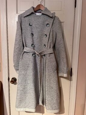Mackage Coat Wool Blend Leather Trim Double Breasted Belted Size L Grey